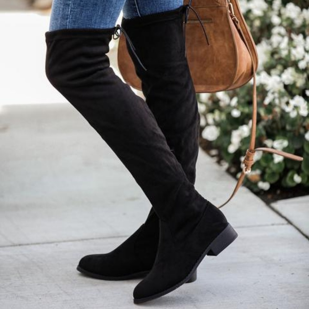 Vegan Suede Over the Knee Black Boots - Picture 3 of 5